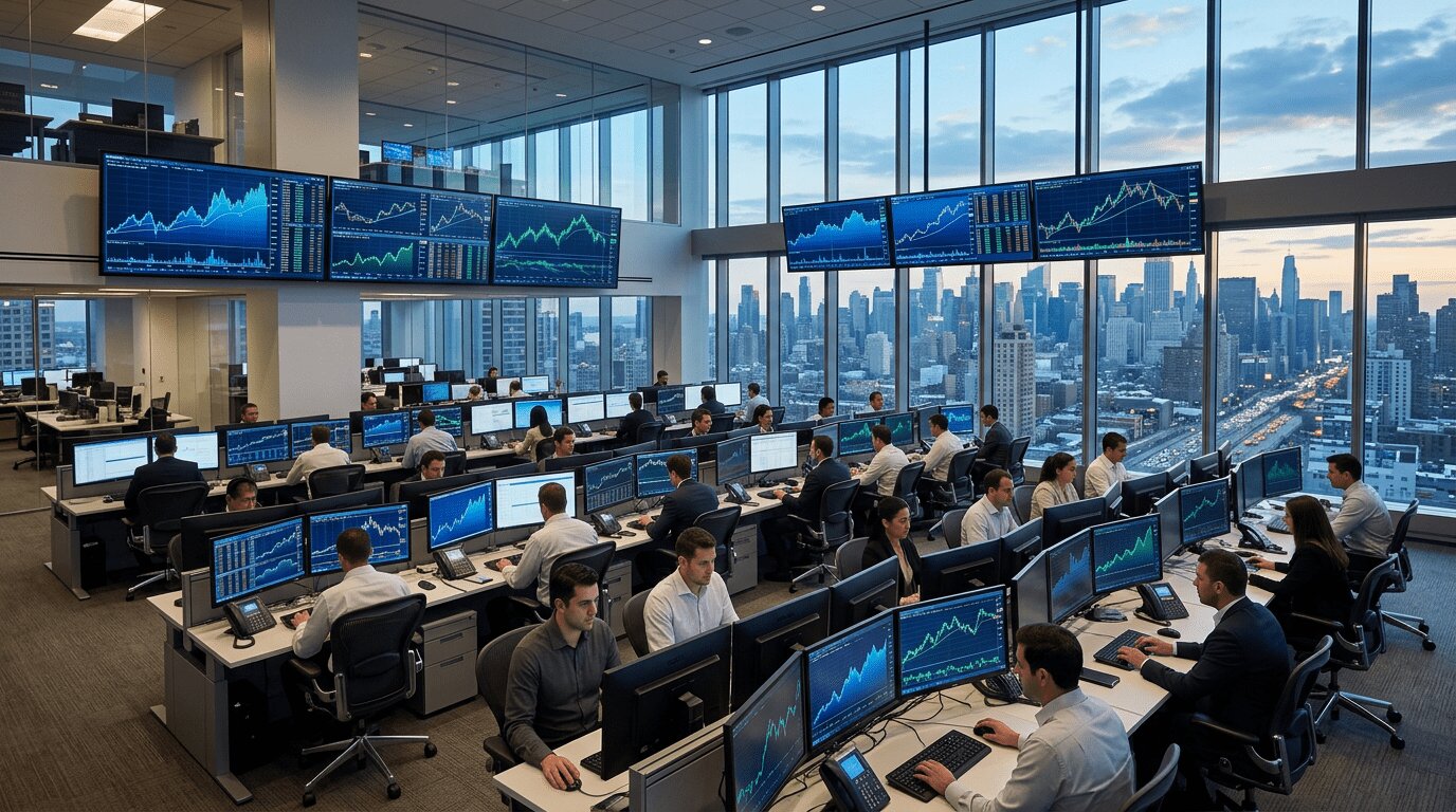 Bourse marches financiers ecrans graphiques Salle de trading avec ecrans affichant des graphiques boursiers abstraits