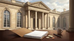 Documents budgétaires et pièces d'euros devant un bâtiment administratif français