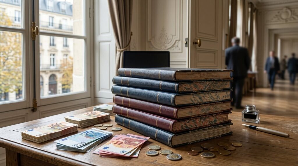 Budget 2027 dette publique France Documents budgétaires et billets d'euros illustrant le budget 2027 et la dette publique