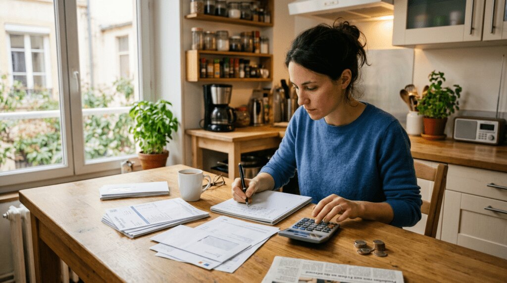 Budget et pouvoir d'achat des ménages Personne calculant son budget mensuel avec bulletins de salaire et calculatrice