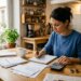 Personne calculant son budget mensuel avec bulletins de salaire et calculatrice
