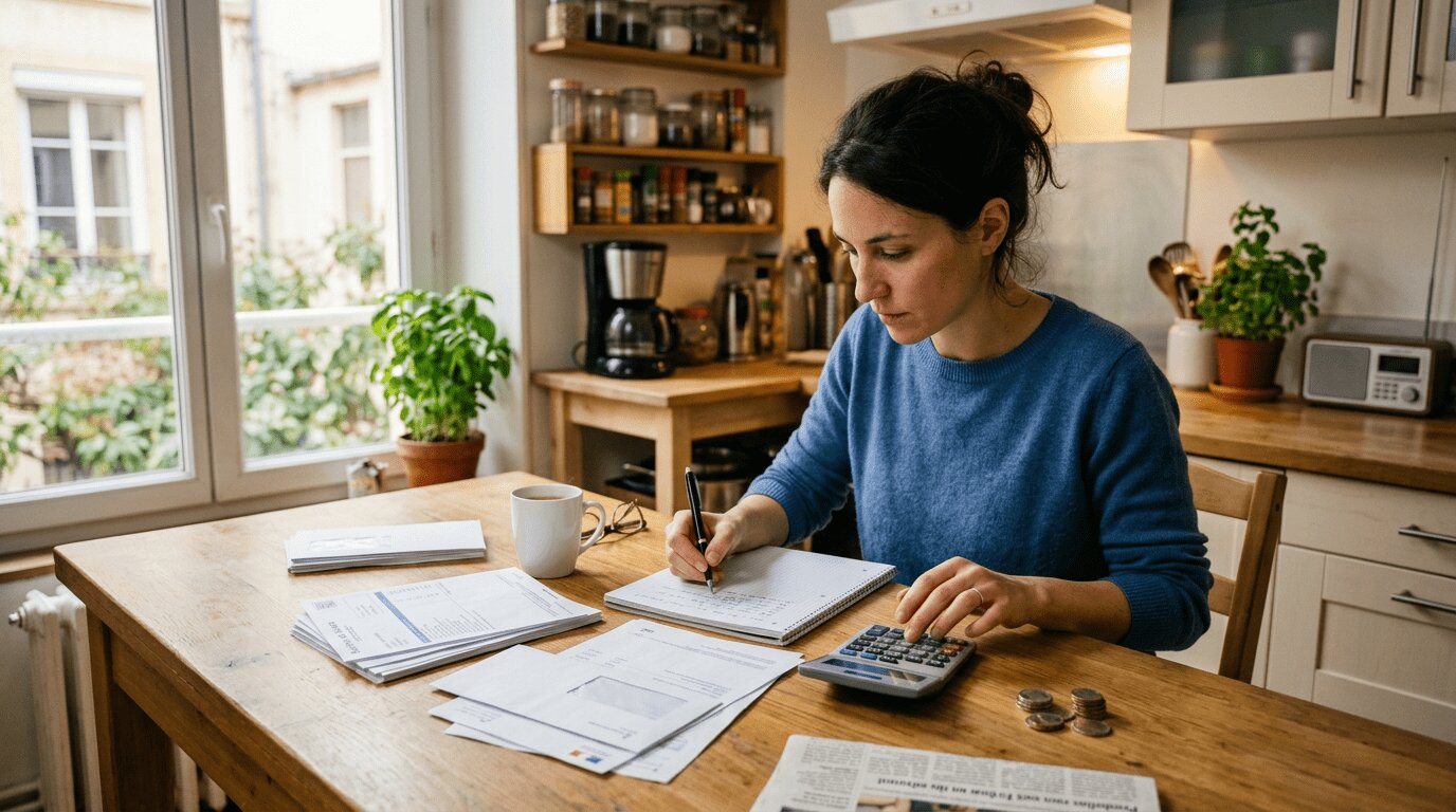 Budget et pouvoir d'achat des ménages Personne calculant son budget mensuel avec bulletins de salaire et calculatrice