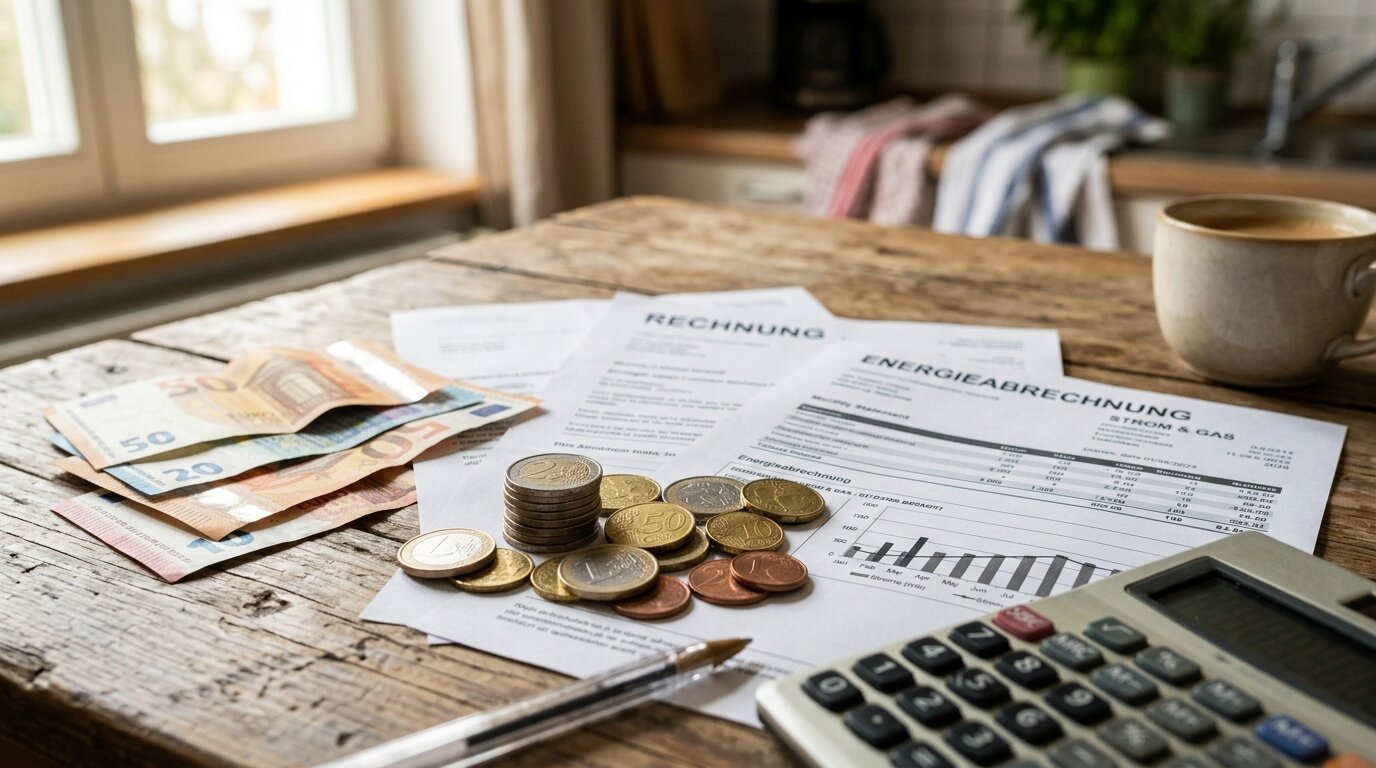 Budget familial et hausse des taxes Euros et factures sur une table symbolisant le budget des ménages