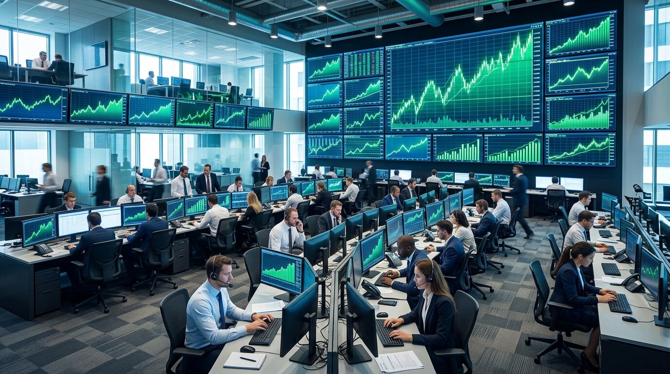 CAC 40 Bourse graphique hausse Écrans de trading affichant des graphiques boursiers en hausse