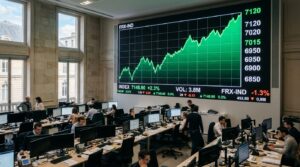 écran de cotation boursière affichant une hausse des indices en vert