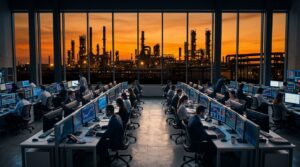 Écrans de trading affichant des courbes boursières avec pétrole en arrière-plan