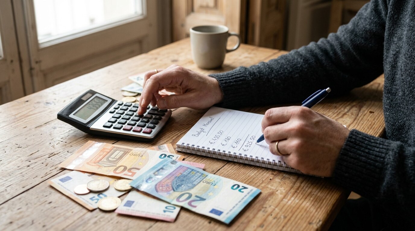 Crédit immobilier primo-accédant : comment dépasser les 35 % d'endettement grâce à la dérogation HCSF ? 1 Personne calculant son taux d'endettement avec calculatrice et billets