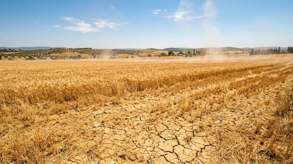 Canicule et impact sur la croissance agricole française champ de blé français asséché sous une vague de chaleur intense