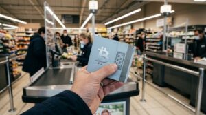 Carte cadeau prepayee bitcoin tenue en main pres d'une caisse de supermarche