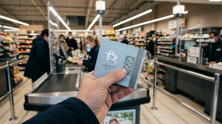 Carte cadeau bitcoin en supermarche Carte cadeau prepayee bitcoin tenue en main pres d'une caisse de supermarche