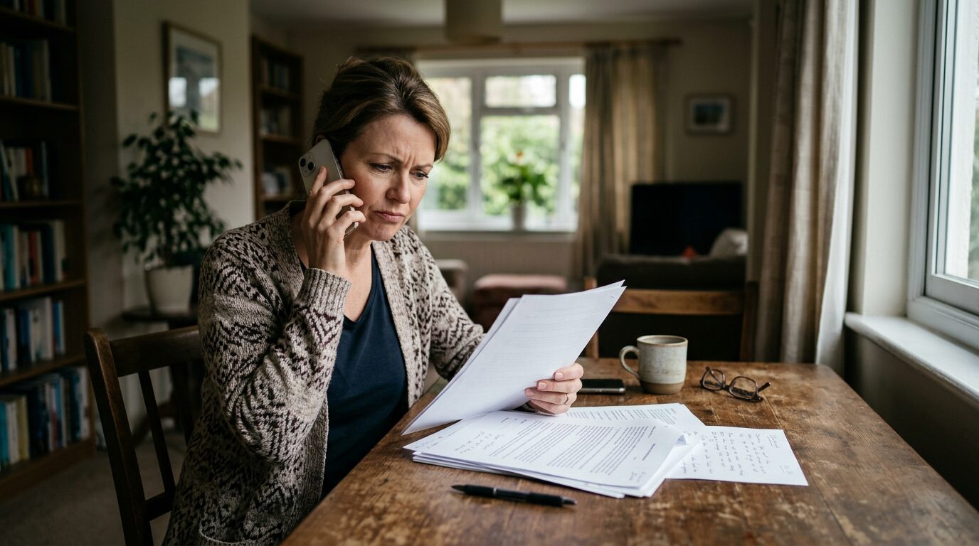 Personne examinant avec prudence un contrat de crédit avant de s'engager