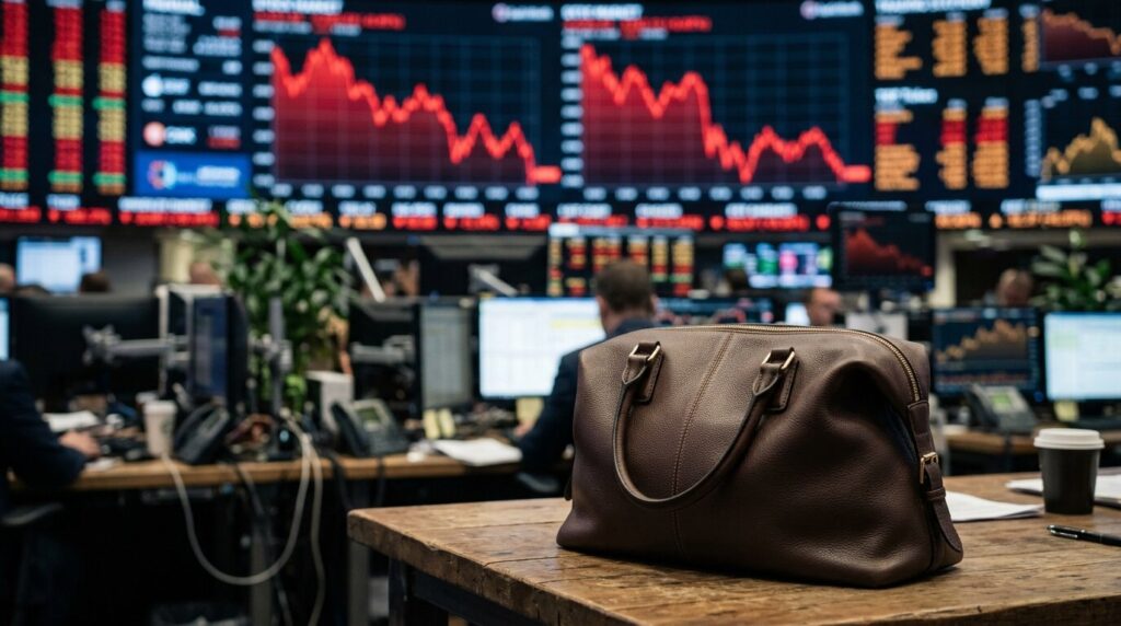 Chute boursière secteur luxe Sac en cuir en premier plan devant un graphique boursier en baisse