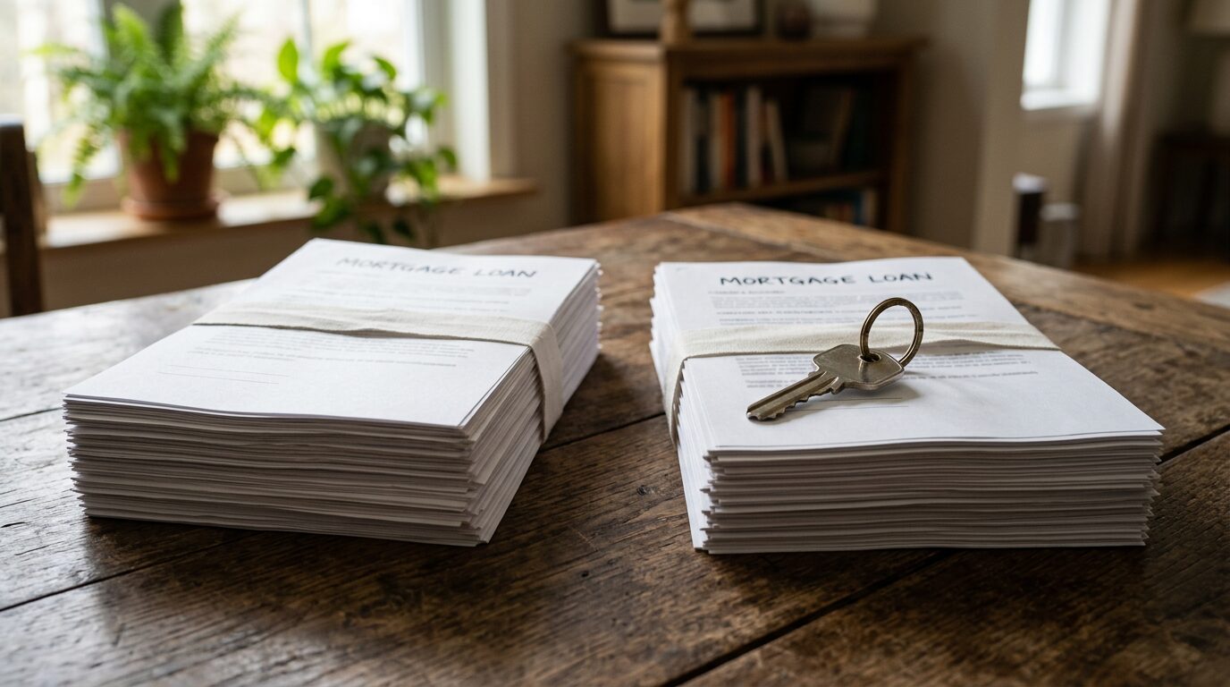 Clé de maison posée sur des documents de prêt immobilier partagés