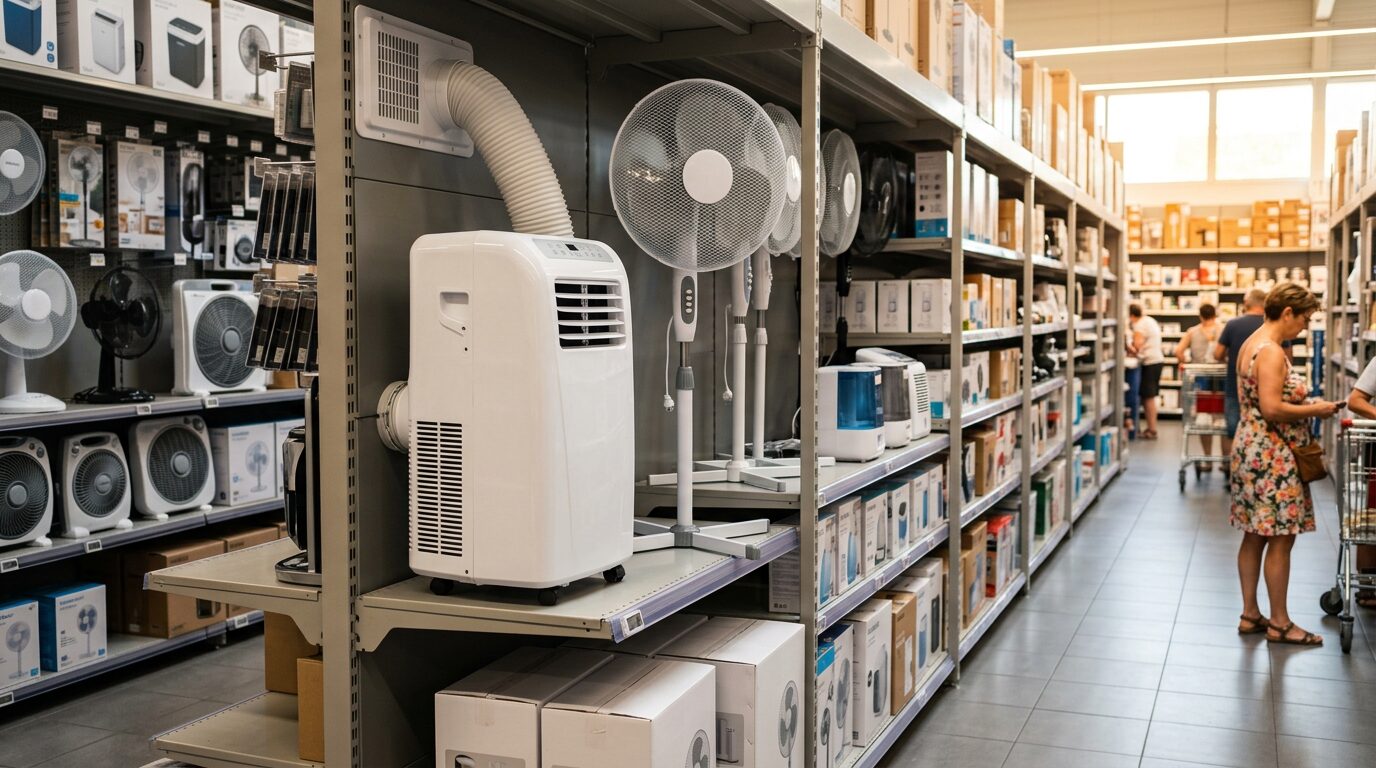Climatiseur mobile et ventilateur en magasin Climatiseur mobile et ventilateur exposés en rayon pendant une canicule