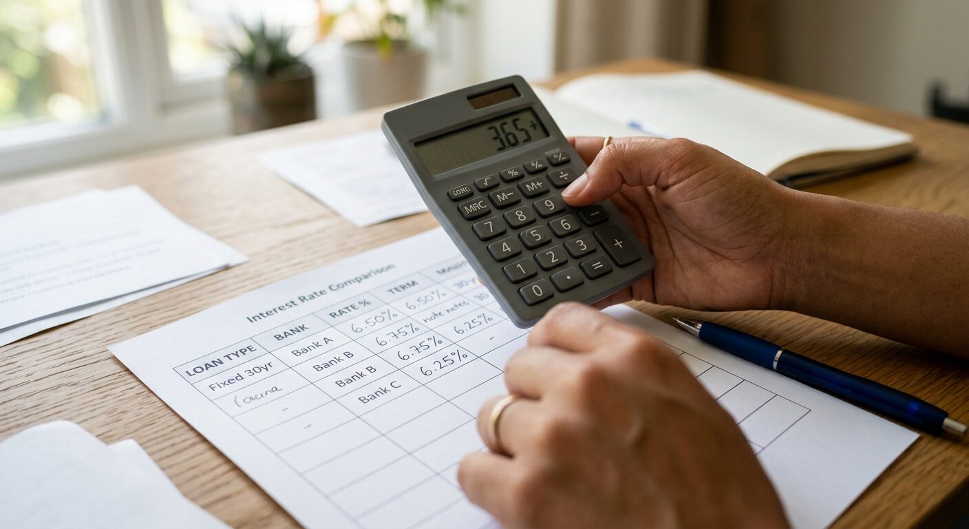 Apport pour un crédit immobilier : combien faut-il vraiment ? 3 Calculatrice et graphique de taux d'intérêt sur un bureau