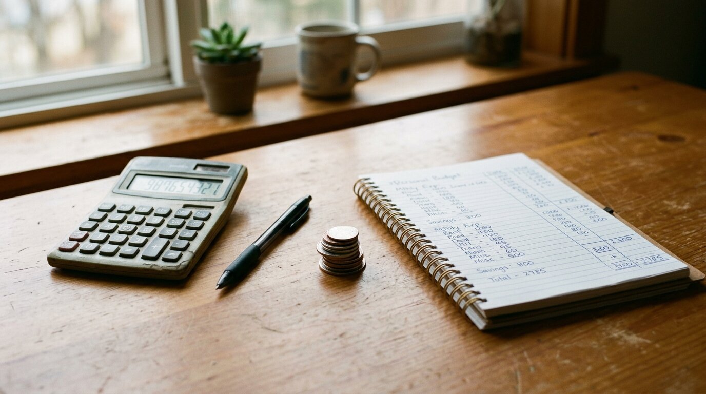 Crédit conso intermittent du spectacle : comment être accepté malgré des revenus irréguliers ? 3 calculatrice, pièces de monnaie et carnet de budget posés sur un bureau