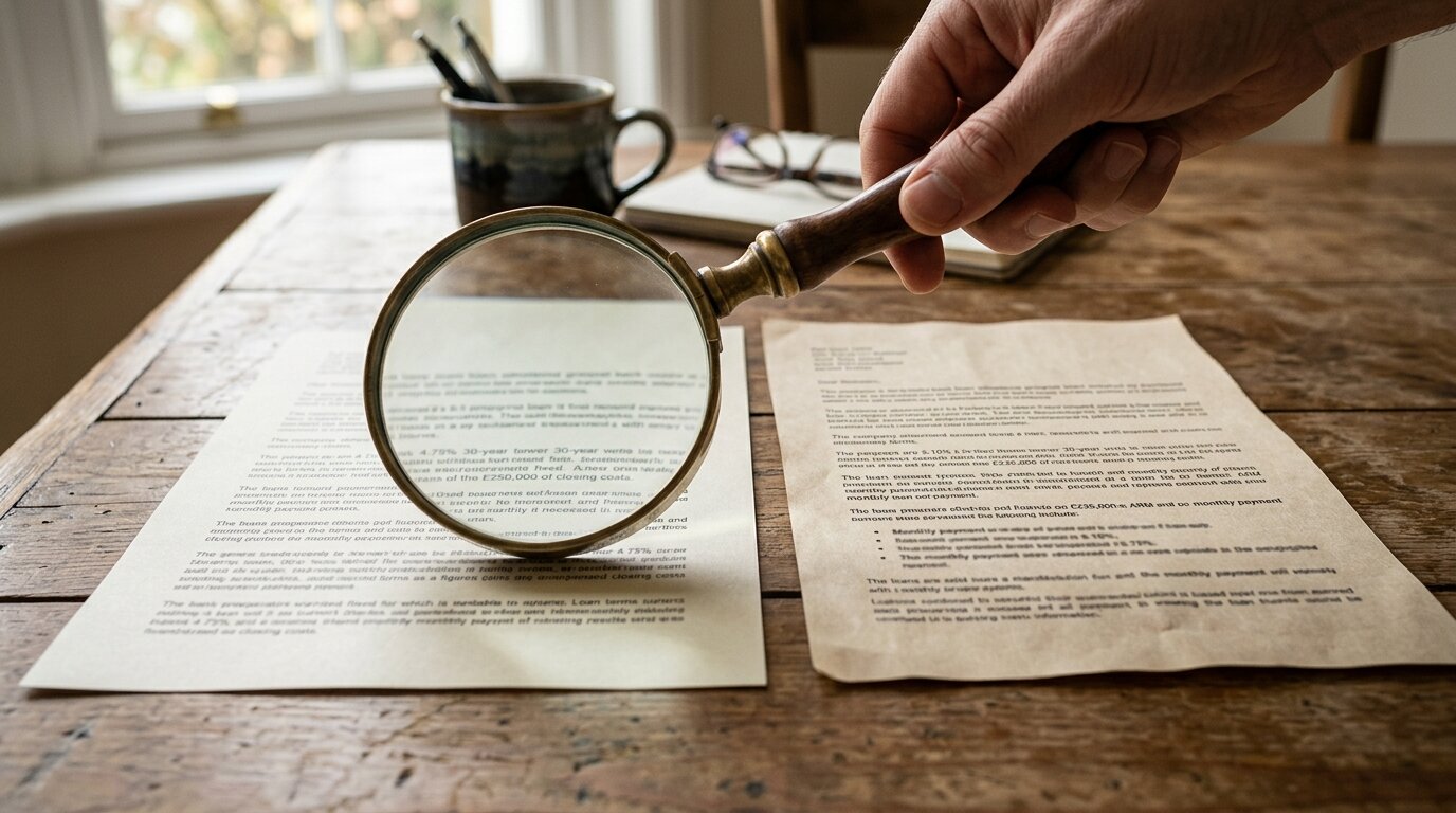 Deux offres de prêt comparées à la loupe sur une table de bureau