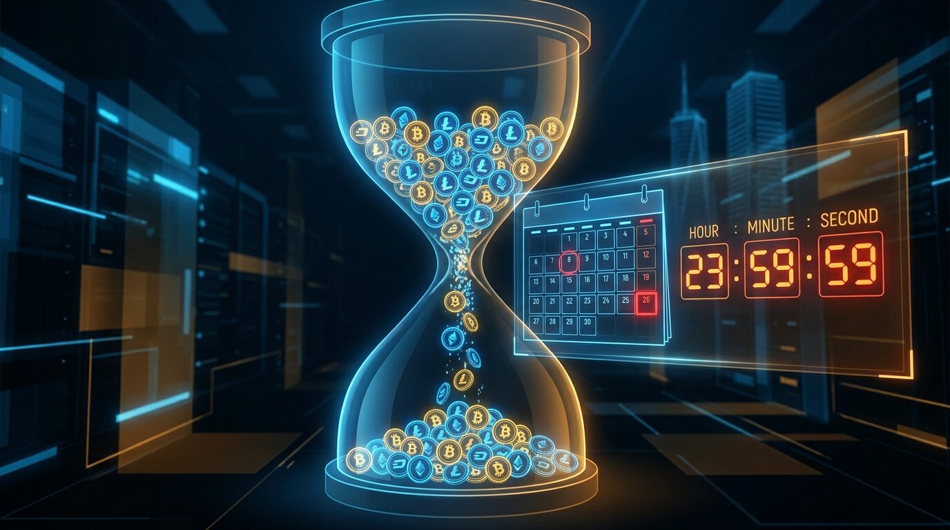 BitMEX ferme ses portes : la fin d'une plateforme crypto historique 2 Sablier avec pièces de cryptomonnaie symbolisant le compte à rebours