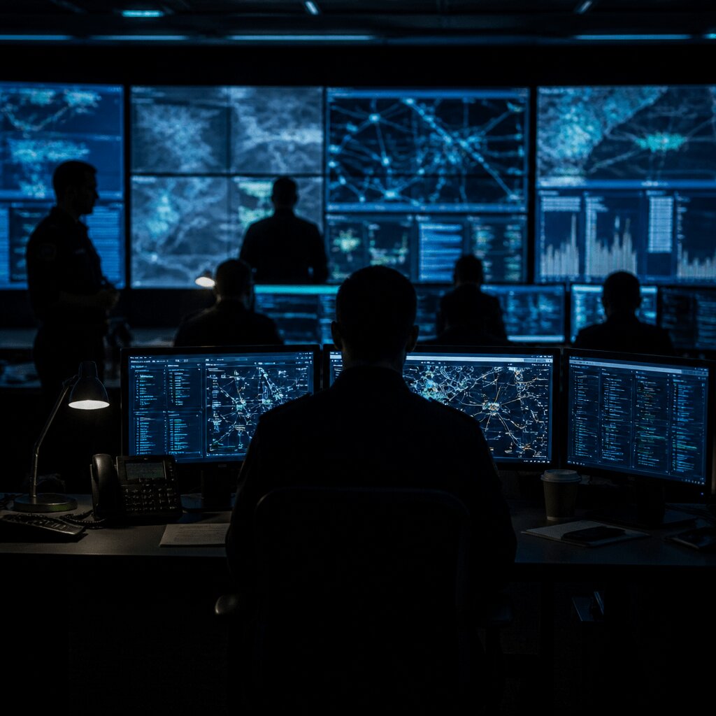Salle de commandement policière avec écrans de données pour l'enquête sur les crypto-agressions