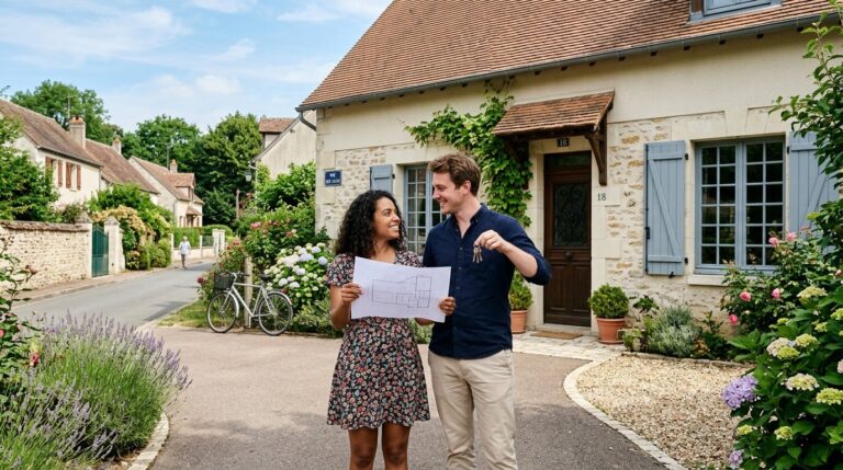 Couple devant sa future maison Jeune couple tenant des plans devant une maison en projet d'achat