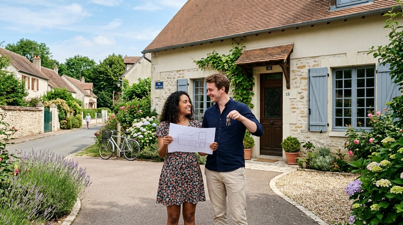 Couple devant sa future maison Jeune couple tenant des plans devant une maison en projet d'achat