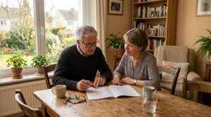 Couple francais examinant les conditions de leur credit immobilier a taux fixe