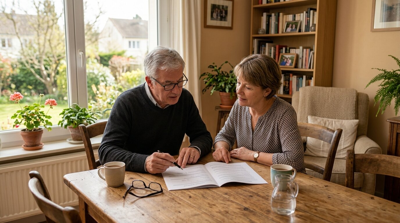 Couple etudiant un pret immobilier a taux fixe Couple francais examinant les conditions de leur credit immobilier a taux fixe