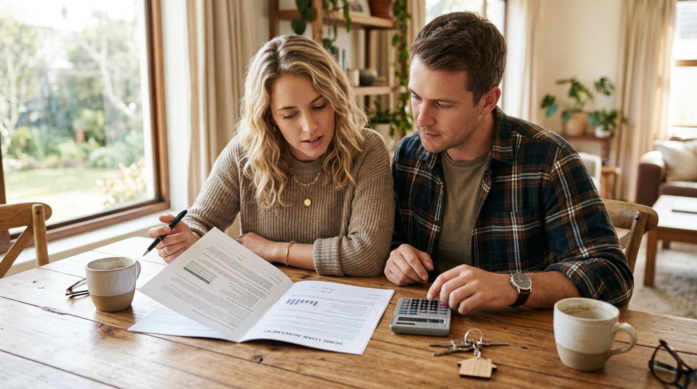 Crédit immobilier : qui peut emprunter sous les 3% ? 1 Couple examinant un contrat de credit immobilier avec calculatrice