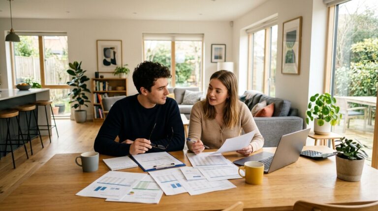 Couple primo-accédant dossier crédit Couple examine ensemble un dossier de crédit immobilier à la maison