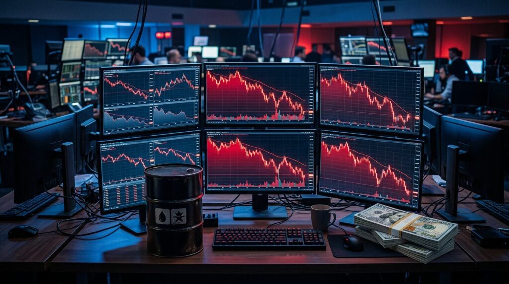 Cours crypto en baisse face au pétrole et au dollar Graphique boursier en baisse avec baril de pétrole et billets de dollars