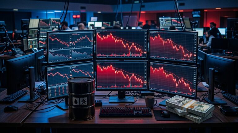 Cours crypto en baisse face au pétrole et au dollar Graphique boursier en baisse avec baril de pétrole et billets de dollars