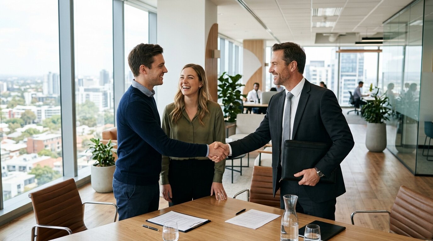 Crédit immobilier primo-accédant : comment dépasser les 35 % d'endettement grâce à la dérogation HCSF ? 6 Courtier et couple se serrent la main après acceptation du dossier