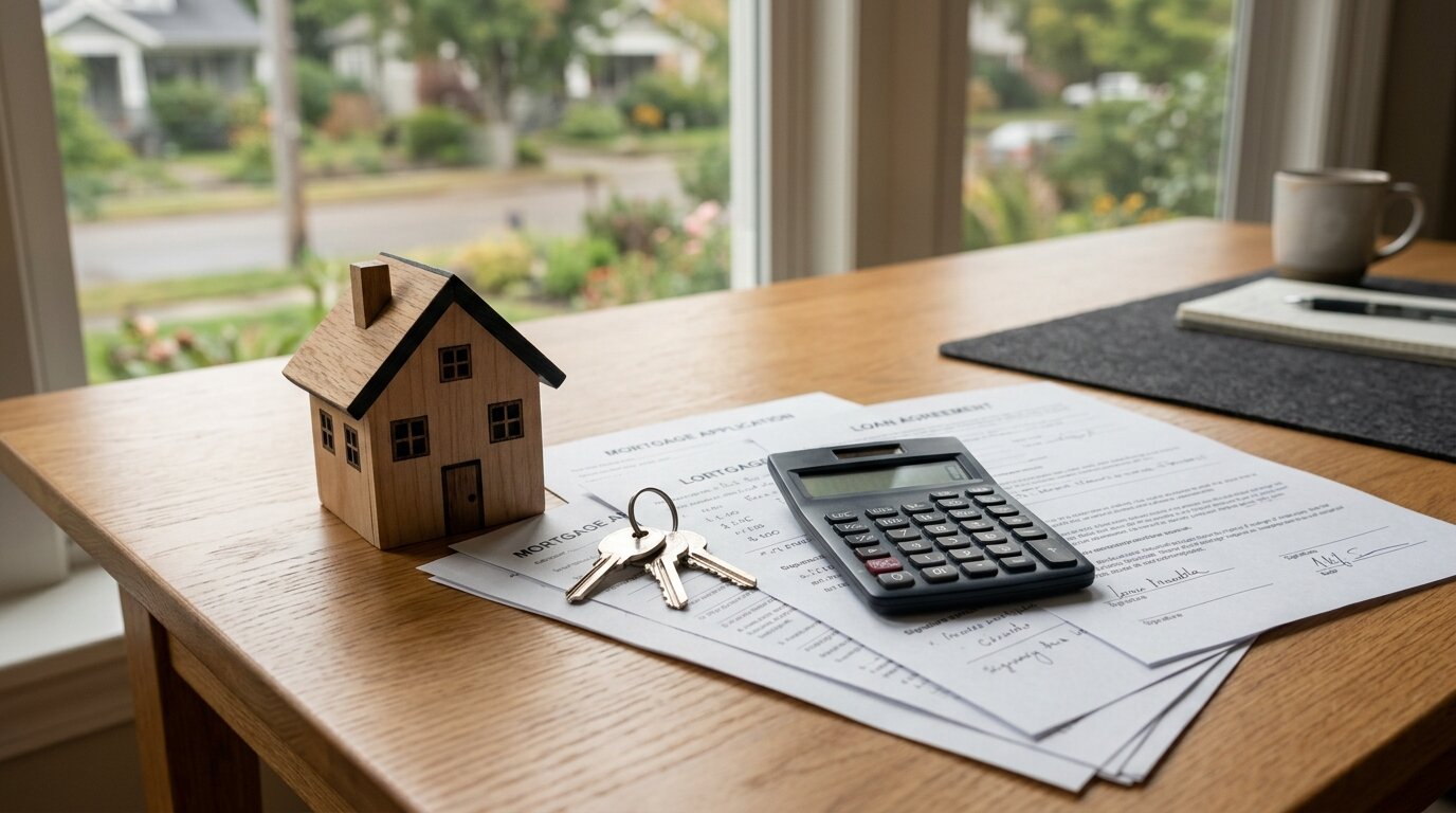 Taux d'emprunt : la France franchit le seuil des 4%, une première depuis 2009 1 Maquette de maison en bois avec clés et calculatrice sur documents