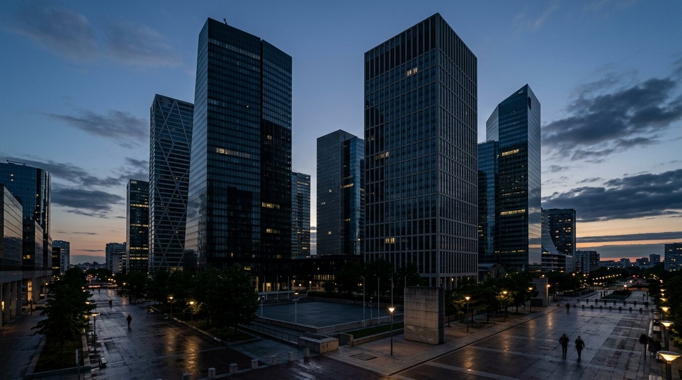 SCPI bloquée : comment récupérer votre argent en 2026 ? 2 Tours de bureaux modernes peu éclairées symbolisant la crise de l'immobilier de bureau