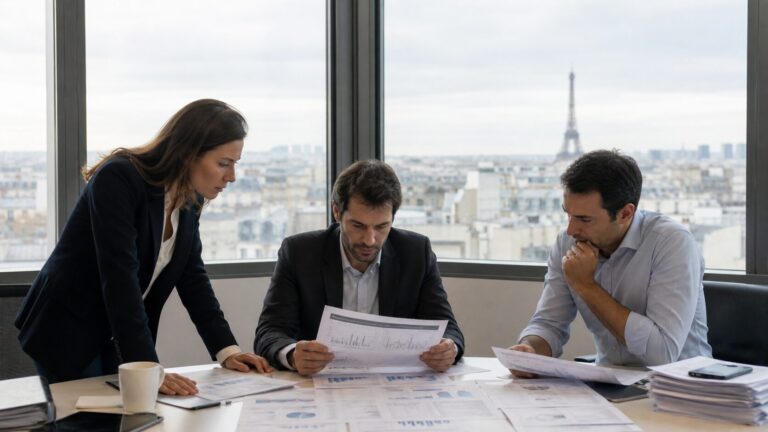 Croissance France Banque de France Analystes examinant des indicateurs économiques français dans un bureau sobre
