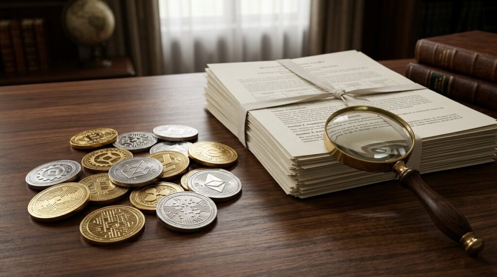 pieces de cryptomonnaie et documents reglementaires europeens sur un bureau