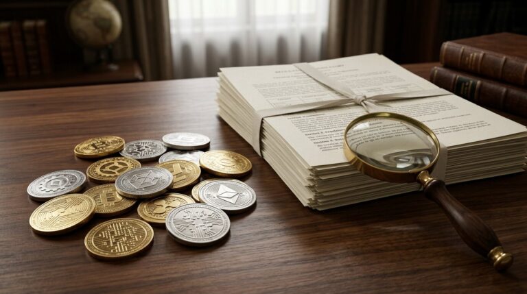cryptomonnaie regulation Europe MiCA pieces de cryptomonnaie et documents reglementaires europeens sur un bureau