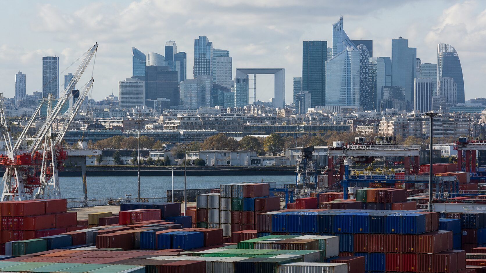 Déficit courant France 2025 Port français et quartier d'affaires pour illustrer les comptes extérieurs