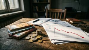 Euro banknotes et documents financiers illustrant le déficit public français