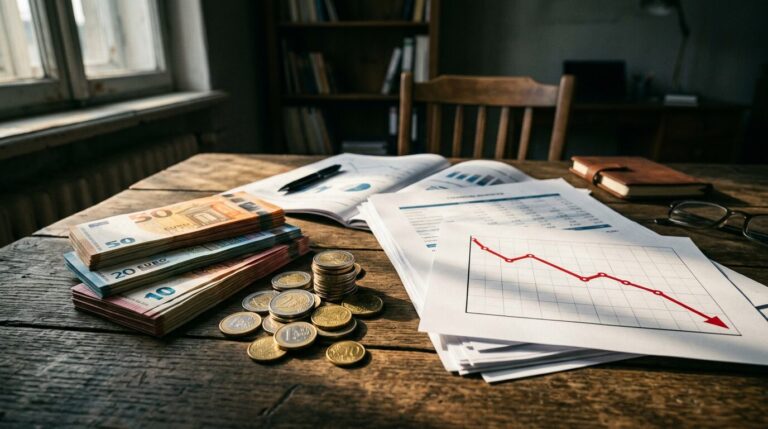 Déficit public France FMI dépenses Euro banknotes et documents financiers illustrant le déficit public français