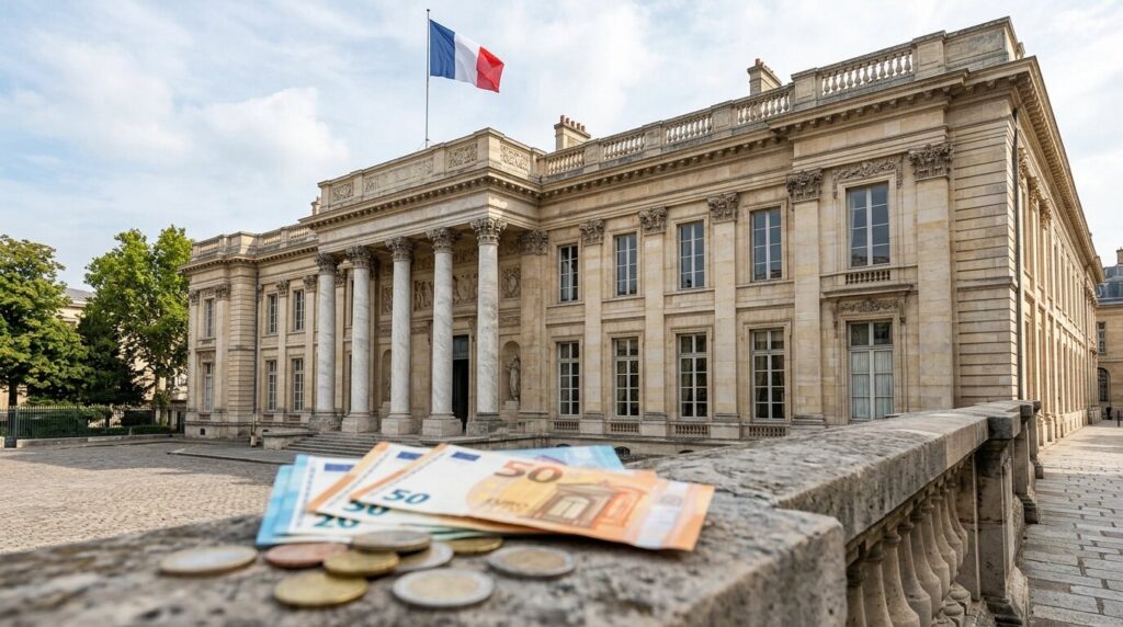 Batiment administratif francais avec drapeau tricolore et billets d'euros symbolisant la depense publique