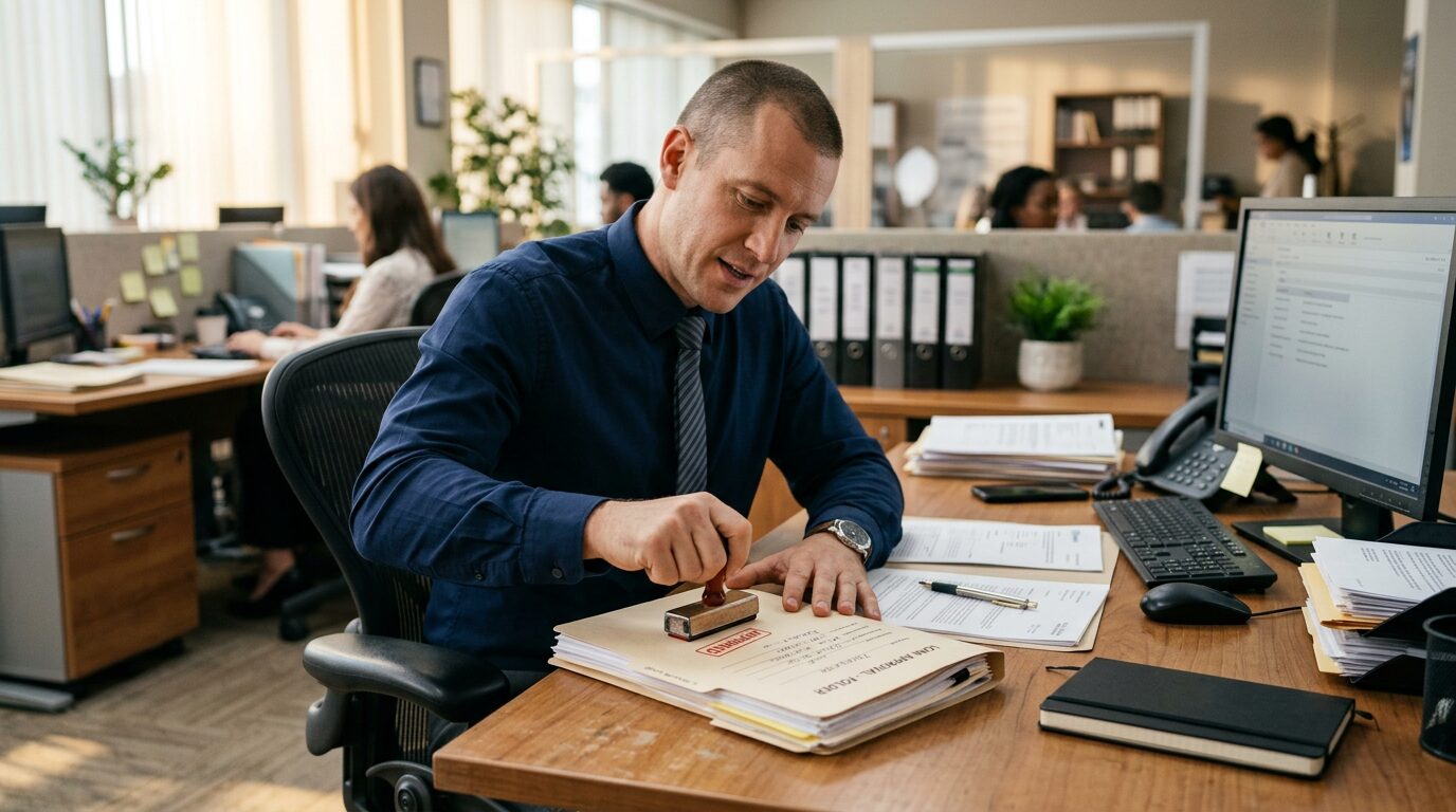 Prêt immobilier : les nouvelles conditions pour l'obtenir en 2026 4 Employé de banque tamponnant un dossier de crédit approuvé
