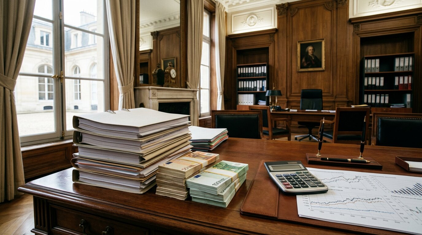 Dette publique et budget de l'État Documents budgétaires et billets en euros symbolisant la dette publique française