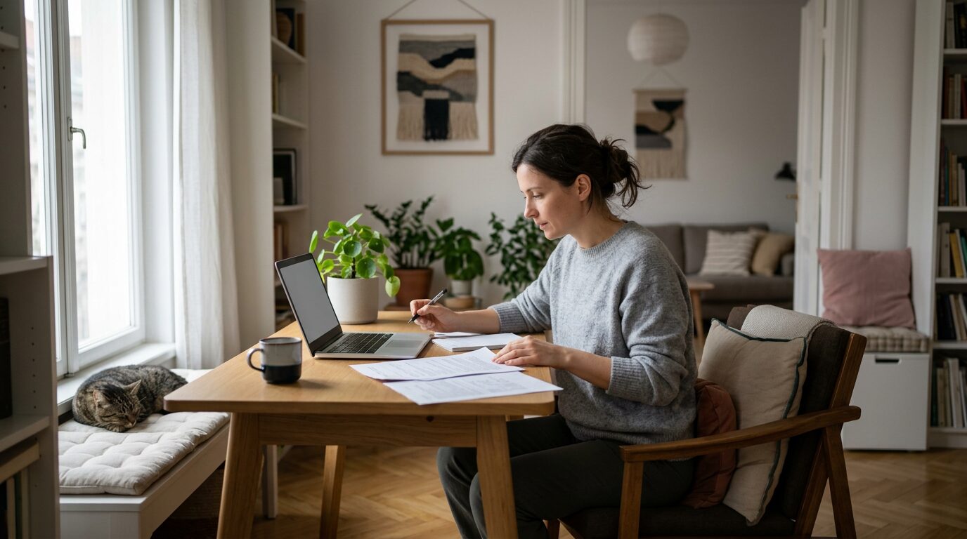 Crédit conso intermittent du spectacle : comment être accepté malgré des revenus irréguliers ? 1 personne consultant des documents financiers et un ordinateur portable à la maison