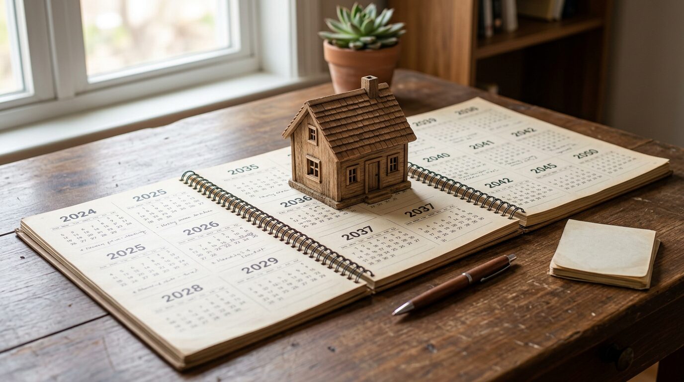 Prêt immobilier : les nouvelles conditions pour l'obtenir en 2026 3 Maquette de maison posée sur un calendrier symbolisant la durée du prêt