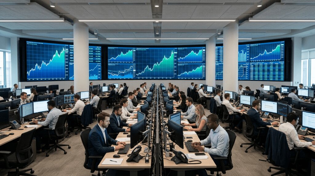 Écrans de cotations boursières en hausse Écrans de trading affichant des courbes boursières en hausse dans un bureau moderne