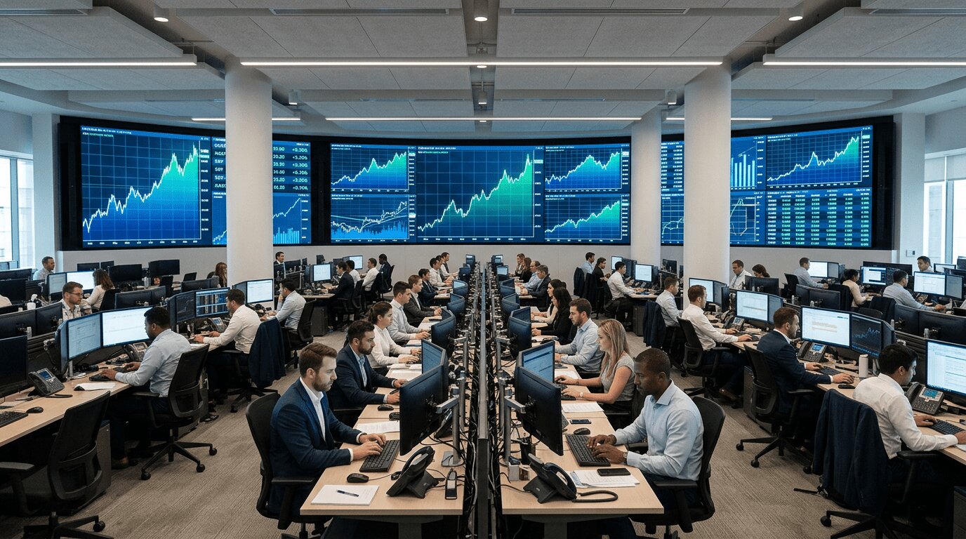 Écrans de cotations boursières en hausse Écrans de trading affichant des courbes boursières en hausse dans un bureau moderne