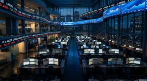 Ecrans de trading affichant des variations boursieres en rouge et vert