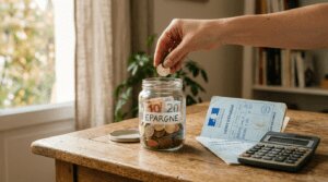 Épargnant plaçant des pièces dans un bocal près d'un livret bancaire