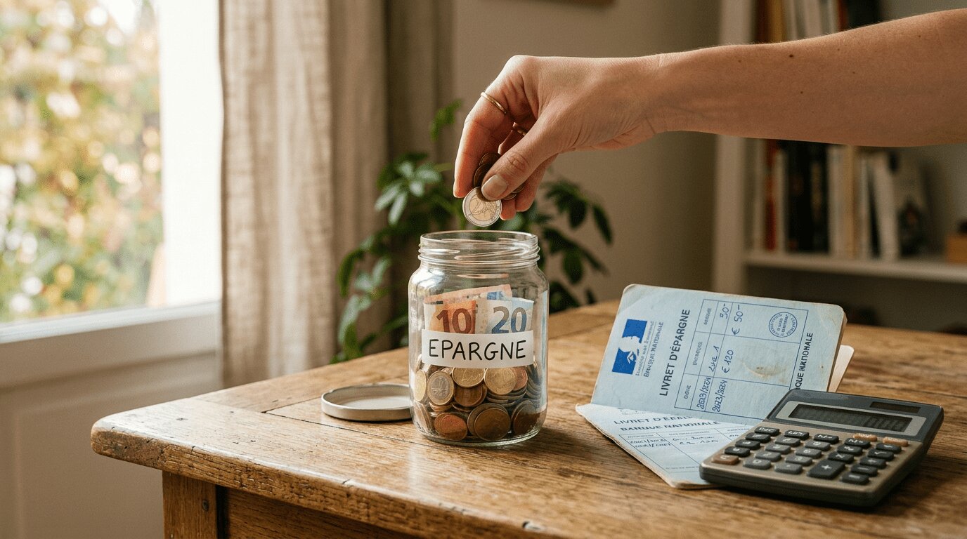 Épargne et livret bancaire français Épargnant plaçant des pièces dans un bocal près d'un livret bancaire